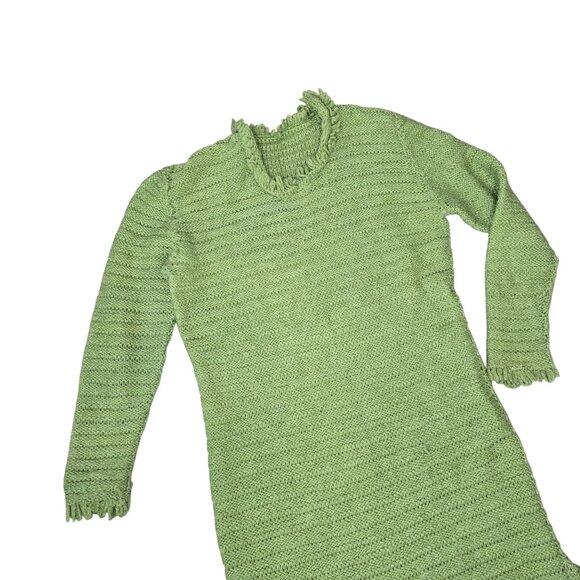 Hand-Knitted Green Fringe Long Dress With Ruffled Collar & Cuffs - Picture 7 of 7
